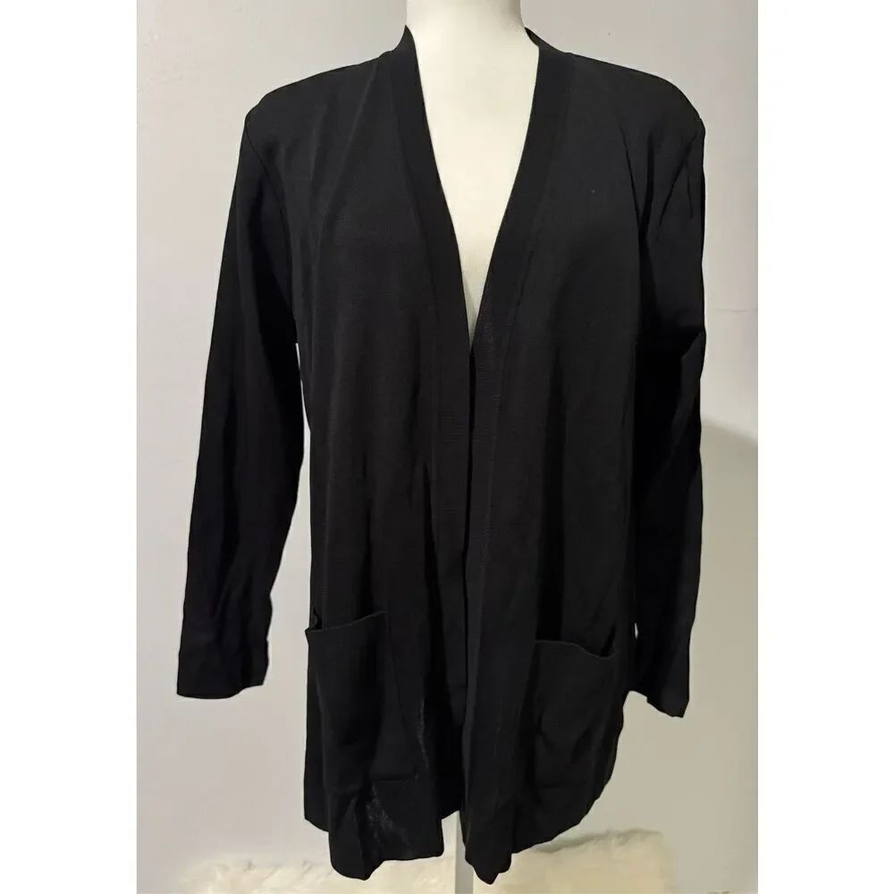 Misook Black long open front cardigan deep pockets S